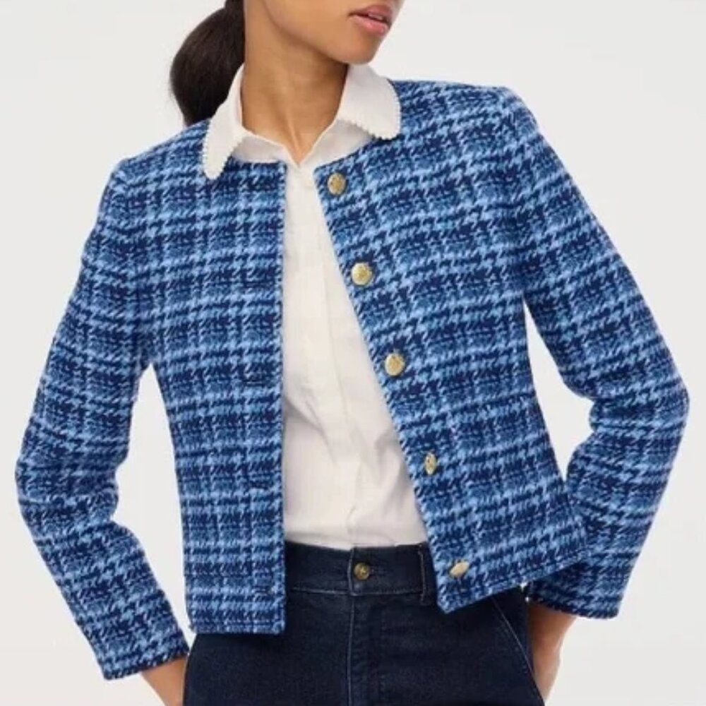NWT J.Crew Womans 14 Baltic Blue Check Lady Jacket Crop Tweed Blazer Wool Blend